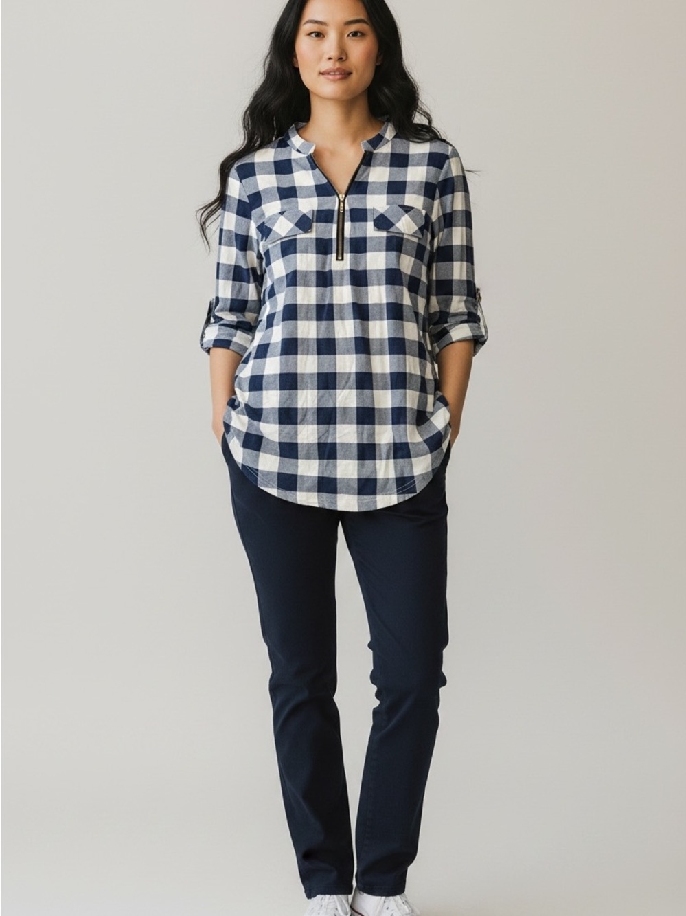 Women’s M Nursing Navy and White Check Zip-Neck Shirt